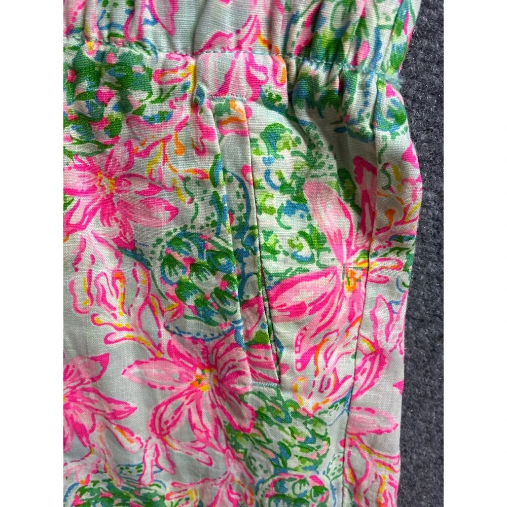 Lilly Pulitzer XXS Pink Green Floral Linen Pull On Shorts Elastic Waist 3 Inseam